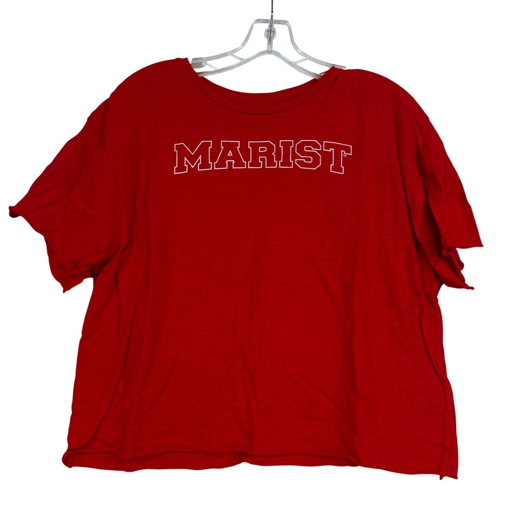 Retro Brand Marist College Red Graphic T-Shirt Womens Large Slub‎ Cotton Raw Hem